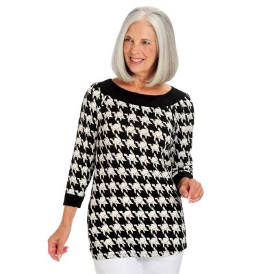 GENEOLOGY 3/4 SLEEVE BOAT NECK PRINT TOP WITH SOLID CONTRAST
