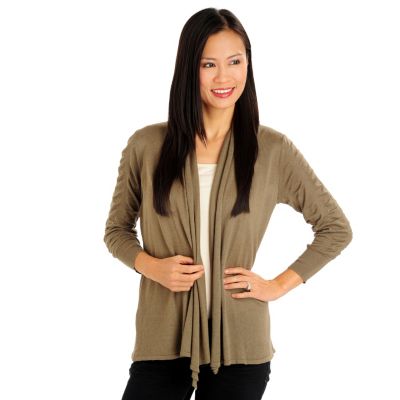 710-776 - Kate & Mallory Stretch Knit Ruched Sleeve Open Front Cardigan 