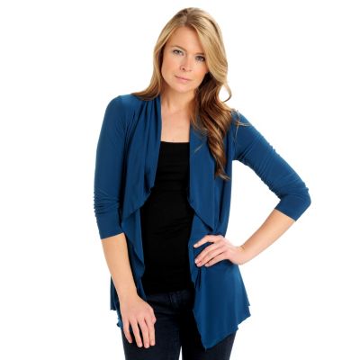 710-790 - Kate & Mallory Stretch Knit Ruched Back Open Front Cascade Cardigan 