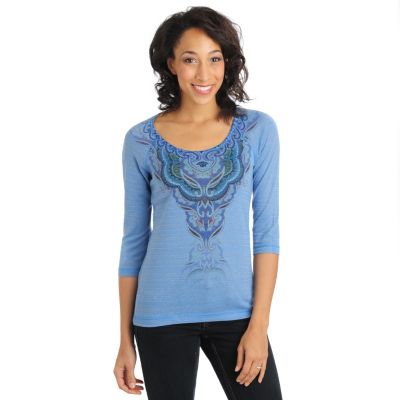 710-821 - One World Stretch Knit Metallic Stripe 3/4 Sleeved Scoop Neck Top 