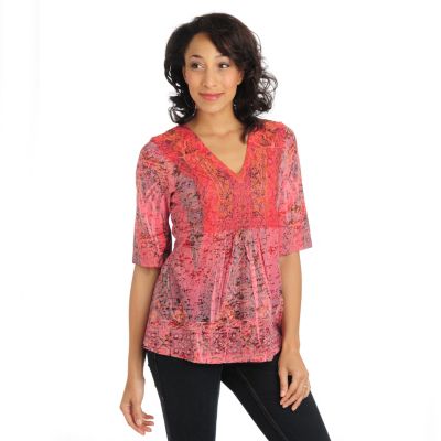 One World 3/4 Slv Burnout Lace Bling V-nk