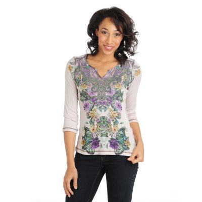 One World 3/4 Slv Bling Notch Nk Mirror Print Top