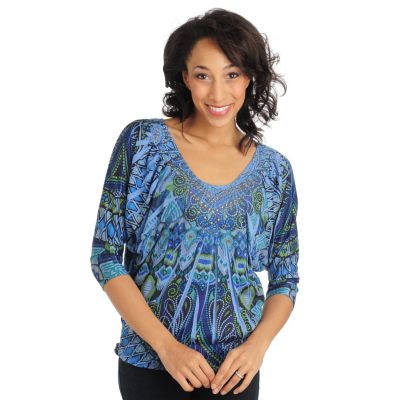 One World 3/4 Dolman Slv Embellishment Smocked Top