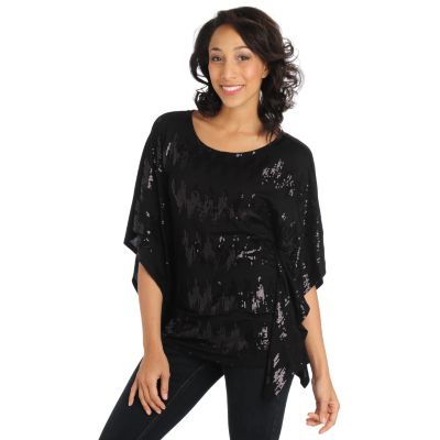 711-011 - Glitterscape Stretch Knit Batwing Sleeved Sequin Design Top