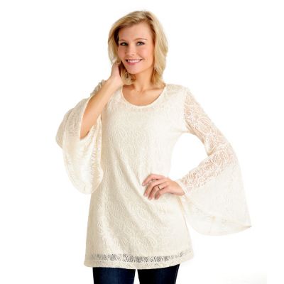 711-025 - Kate & Mallory Stretch Knit Lace Flared Sleeve Scoop Neck Lined Tunic 