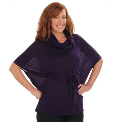711-036 - Kate & Mallory Stretch Knit Cowl Neck Tie Belted Poncho Top 
