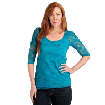 711-039 - Kate & Mallory Stretch Lace Ruched Sleeve Scoop Neck Top w/ Knit Layer Tank