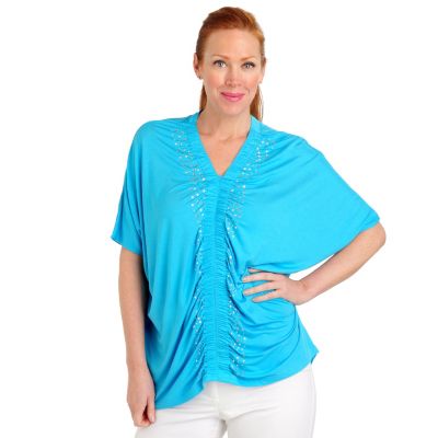 711-042 - Glitterscape Stretch Knit Dolman Sleeved Rhinestone Detail V-Neck Top
