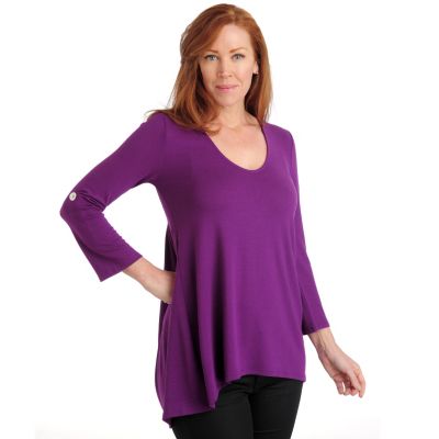 711-045 - Kate & Mallory Stretch Knit Roll Tab Sleeved Hi-Lo Hem V-Neck Tunic 