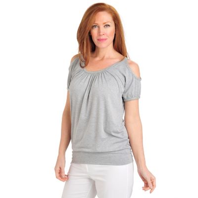 711-047 - Glitterscape Stretch Knit Cold Shoulder Scoop Neck Embellished Top 