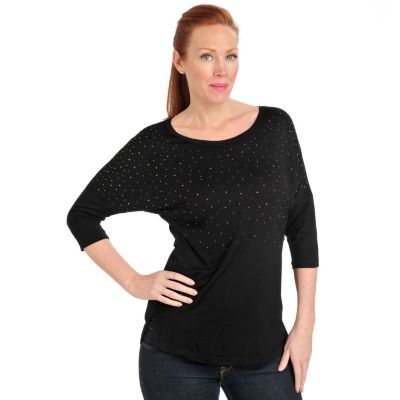 711-050 - Glitterscape Stretch Knit Dolman Sleeved Scoop Neck Scattered Stud Top 