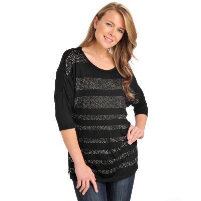 711-060 - Glitterscape Stretch Knit Dolman Sleeved Rhinestone Stripe Top 