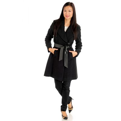 711-090 - Larry Levine One-Button Tie Front 3/4 Length Wool Wrap Coat 