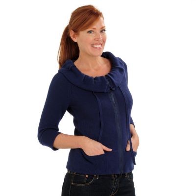 711-107 - OSO Casuals Cotton Knit 3/4 Sleeved Scrunch Neck Zippered Cardigan 