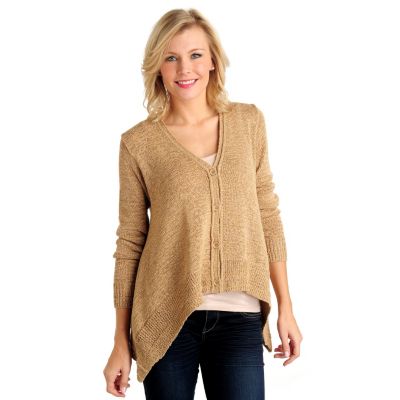 711-108 - WD.NY Metallic Tape Yarn Sharkbite Hem V-Neck Sweater Cardigan 