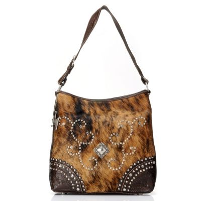 711-245 - American West Hand Tooled Leather & Calf Hair Hobo Handbag