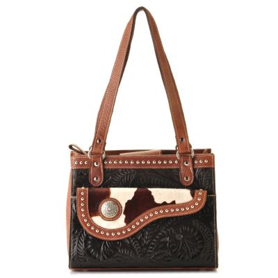 American West 3 Compartment Hand Tooled Leather Tote with Hair