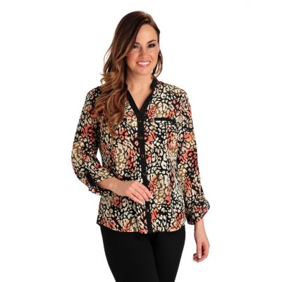 711-263 - Kate & Mallory Print Woven Tab Sleeved Mandarin Y-Neck Two-Pocket Blouse