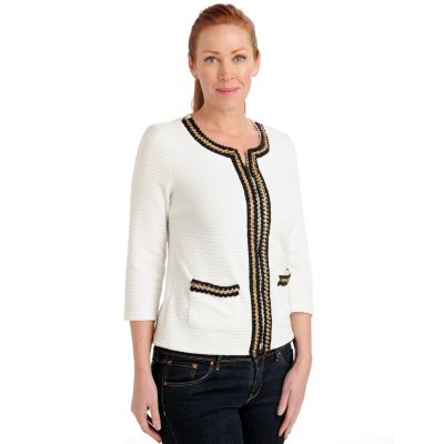 711-275 - Love, Carson by Carson Kressley Textured Knit Chain Detail Collarless Jacket 