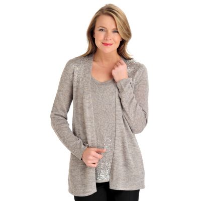 711-277 - Love, Carson by Carson Kressley Sweater Knit Sequined Shoulder Open Cardigan