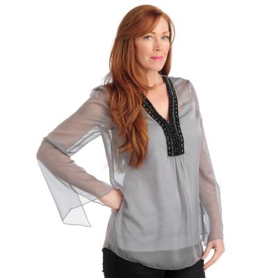 711-283 - Love, Carson by Carson Kressley Chiffon Beaded Neck Blouse w/ Layering Camisole 