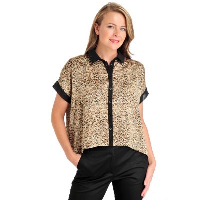 711-305 - WD.NY Printed Charmeuse Dolman Sleeved Contrast Trim Tee Body Blouse 