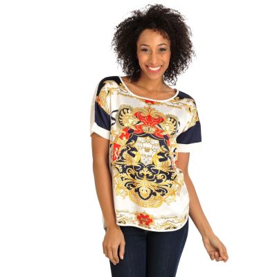 711-312 - WD.NY Charmeuse & Knit Short Sleeved Drop Shoulder Hi-Lo Top 