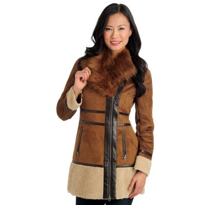 711-473 - Members Only Faux Shearling Faux Fur Collar Asymmetrical Zip Jacket 
