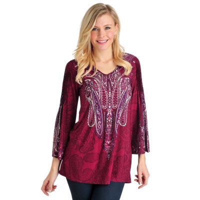 711-559 - Geneology Stretch Knit Bracelet Length Pin-tuck Detail Printed Tunic 