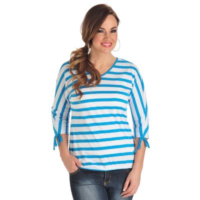 711-811 - OSO Casuals Stripe Knit Cinched Tie Sleeve Elastic Hem Blouson Top