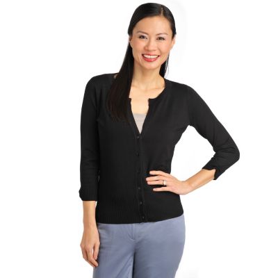 711-894 - Geneology Fine Gauge Knit 3/4 Sleeved Split Neck Lace Back Cardigan