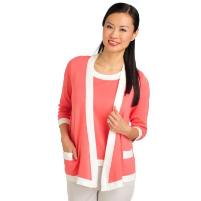711-956 - Geneology Fine Gauge Color Block Trim Open Cardigan & Tank Sweater Set