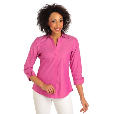 711-960 - Foxcroft Oxford Y-Neck 3/4 Sleeved Covered Placket Non-Iron Shirt