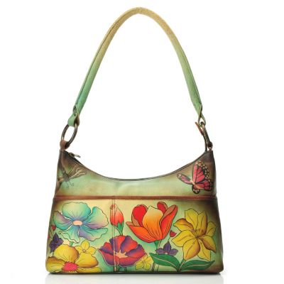 711-987 - Anuschka Hand Painted Leather Medium Zip Top Hobo Handbag 