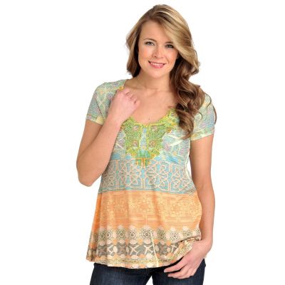 One World Knit Shadow Stripe Bling Applique A-line Top