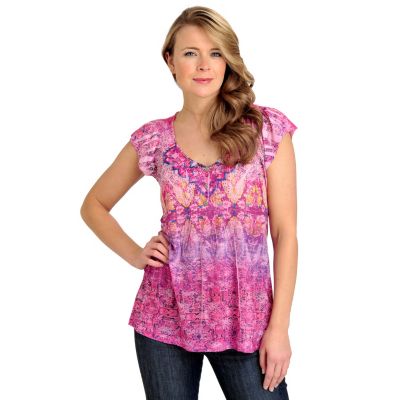 712-025 - One World Knit Flutter Sleeved Backlique Henley Top 