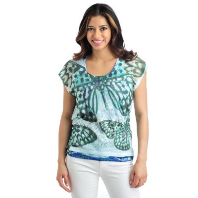 712-029 -  One World Knit Tank Top w/ Short Sleeved Printed Crochet Butterfly Overlay 