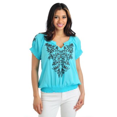 One World Solid Embroidered Peasant Top