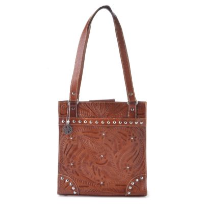 712-091 - American West Hand Tooled Leather Studded Tote Bag