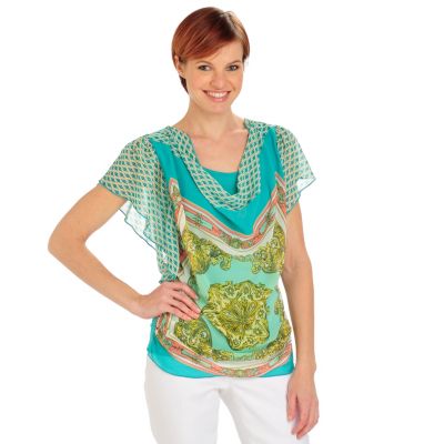 712-093 - One World Printed Chiffon Flutter Sleeved Cowl Neck w/ Inset Knit Back Top