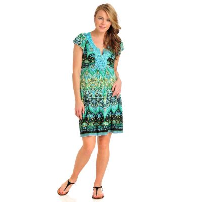 712-102 - One World Matte Jersey Flutter Sleeved Crochet Notch Neck Flip Flop Dress