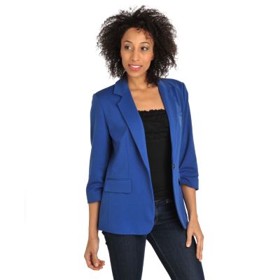 712-141 - Geneology Stretch Ponte Ruched 3/4 Sleeve One-Button Knit Blazer 