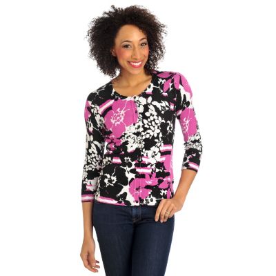 712-165 - Geneology Fine Gauge Knit 3/4 Sleeved Crew Neck Sweater Cardigan