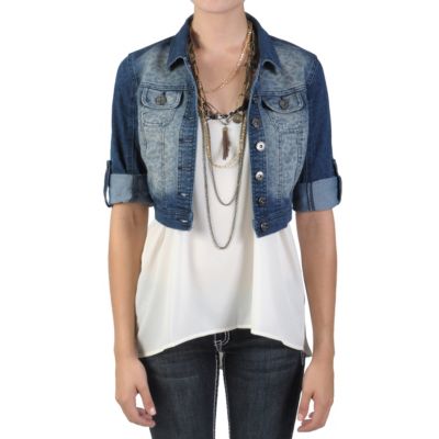 712-379 - Journee Collection Junior’s Cropped Leopard Print Denim Jacket