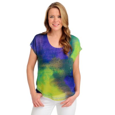 712-508 - One World Knit Cap Sleeved Chiffon Overlay Embellished Top