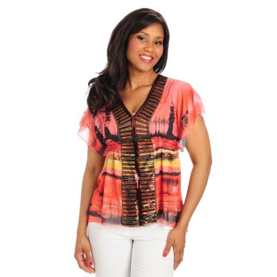 712-511 - One World Stretch Knit Flutter Sleeved Sequin Trim Hi-Lo Top