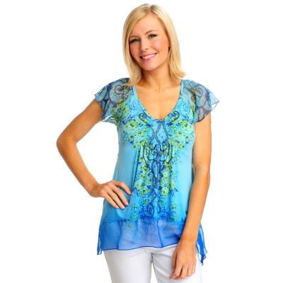 712-514 - One World Micro Jersey Flutter Sleeved Chiffon Trim Sharkbite Hem Top