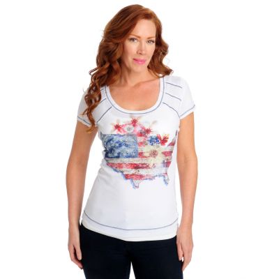 712-521 - One World Stretch Henley Short Sleeved Scoop Neck Embellished Tee