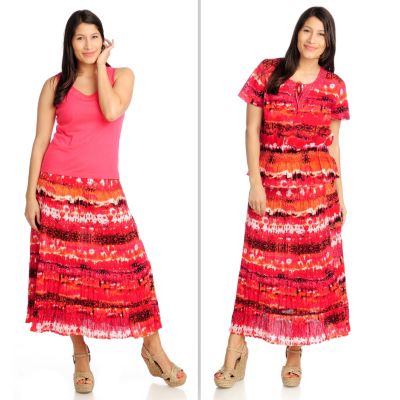 712-607 - OSO Casuals Printed Gauze Top, Tiered Skirt & Solid Knit Tank Three-Piece Set