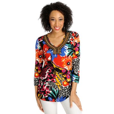 712-622 - Love, Carson by Carson Kressley Stretch Knit 3/4 Sleeved Embellished Tunic